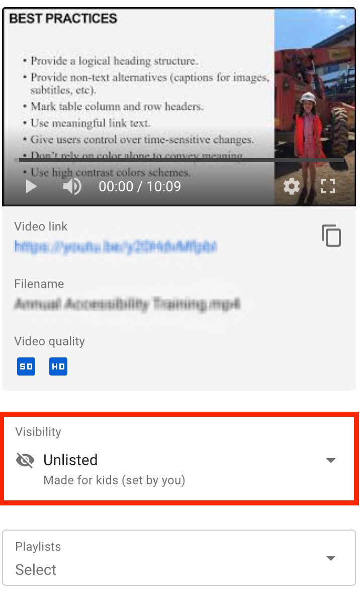 Video details menu. The Visibility menu is highlighted and Unlisted is selected.