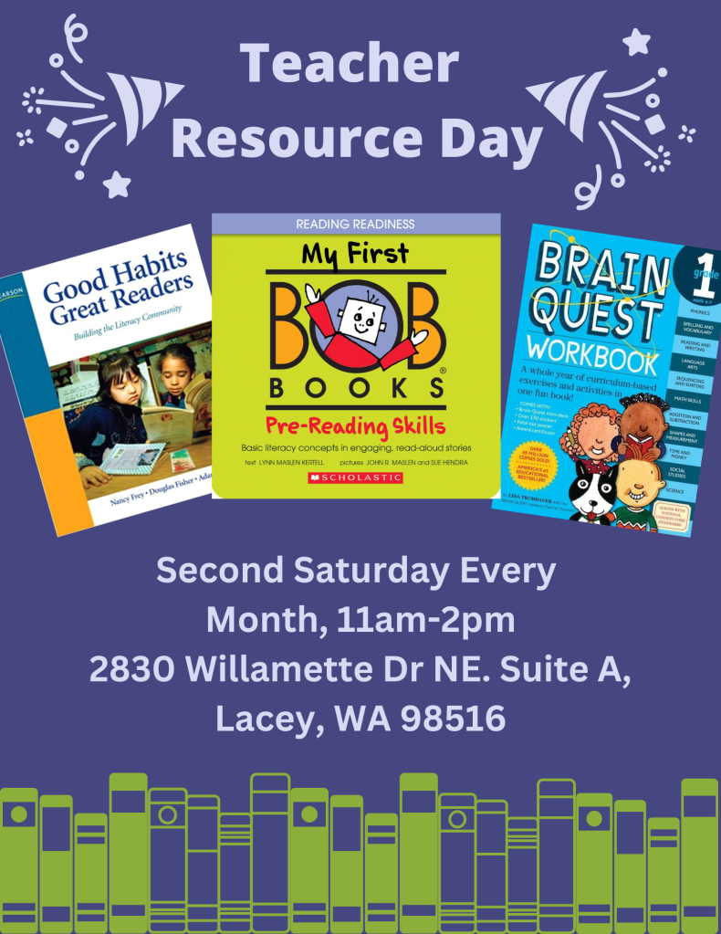 Poster showing children's books and information about Educator Resource Day the second Saturday of every month.
