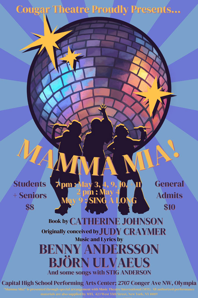 Poster with information about Mamma Mia! including dates, times, tickert information, and names of book author, music and lyrics.