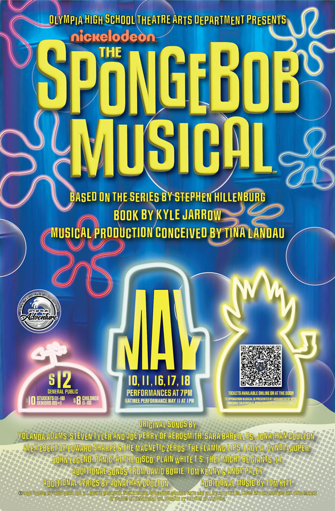 Poster sharing information about SpongeBob Musical including dates, times and ticket info included in blog post, as well as references to original songs